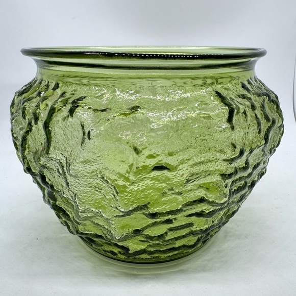 Vintage EO Brody Co. Olive Glass Crinkle Textured Vase Planters - Picture 5 of 9